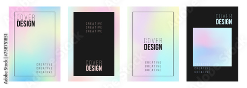 Set of cover design templates. Holographic backgrounds. Soft color gradients. Black color. Vector illustration.