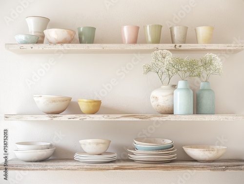 Contemporary Harmony: Chic Stylish Tableware Adorns a Serene White-Walled Interior Space.