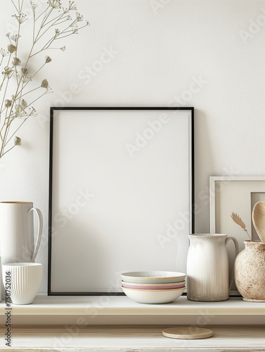 Artful Arrangement : Mock-Up Frame Amongst Modern Tableware and flower. © Have a good vibes
