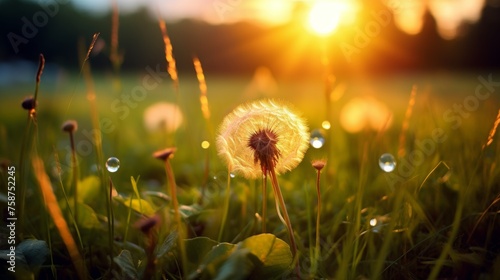 Dandelion with raindrop reflecting sunlight  nature s delicate interplay of rain and sunshine