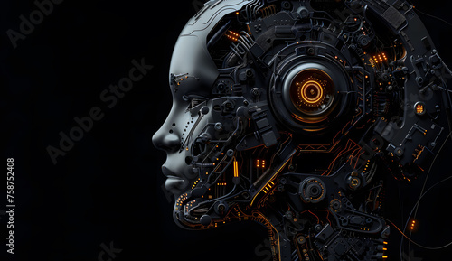 An artificial intelligence robot cyborg woman with machine parts integrated into her face, set against a black background. Concept of future technology and advancements in artificial intelligence.
