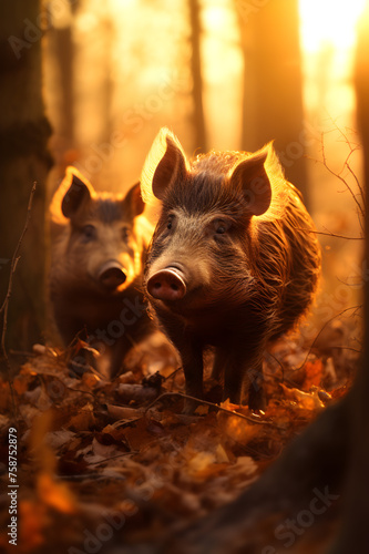 Group of boars running in the forest river with setting sun.