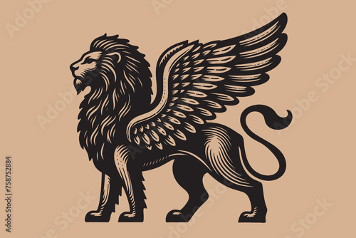 Heraldic lion with wings. Vintage black engraving illustration, emblem, logo, cut out