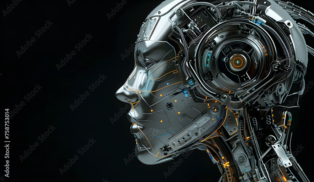 An artificial intelligence robot cyborg woman with machine parts integrated into her face, set against a black background. Concept of future technology and advancements in artificial intelligence. An artificial intelligence robot cyborg woman with machine parts integrated into her face, set against a black background. Concept of future technology and advancements in artificial intelligence.