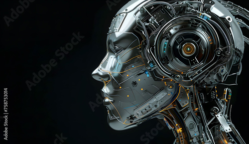 An artificial intelligence robot cyborg woman with machine parts integrated into her face, set against a black background. Concept of future technology and advancements in artificial intelligence.