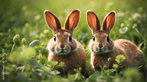 A pair of bunnies nibbling on fresh clover in a sunlit meadow --