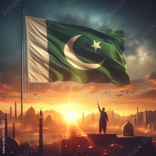 Realistic illustration of a fluttering pakistani flag at sunset for pakistan day.