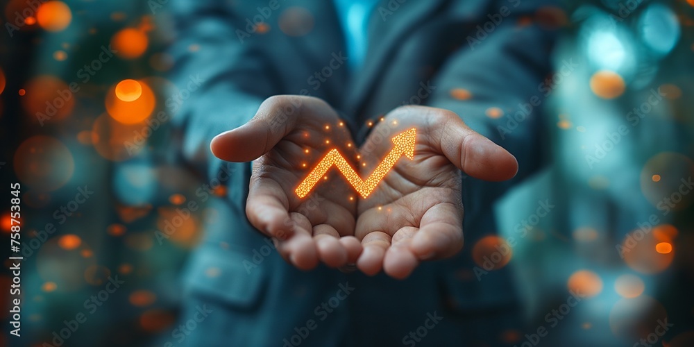 dividend and interest rate, A businessman displays a graph indicator for investment growth along with an arrow icon and percentage. financial investment in business, expansion of business, - obrazy, fototapety, plakaty 