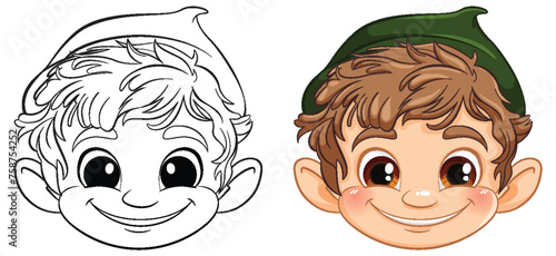 Cartoon elf boy with a playful, joyful expression.