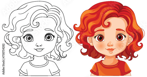 Black and white and colored vector illustrations of a girl