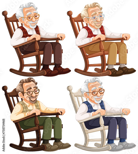 Four cheerful elderly men sitting in rocking chairs.