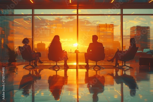 Silhouettes of executives in office meeting at sunset.