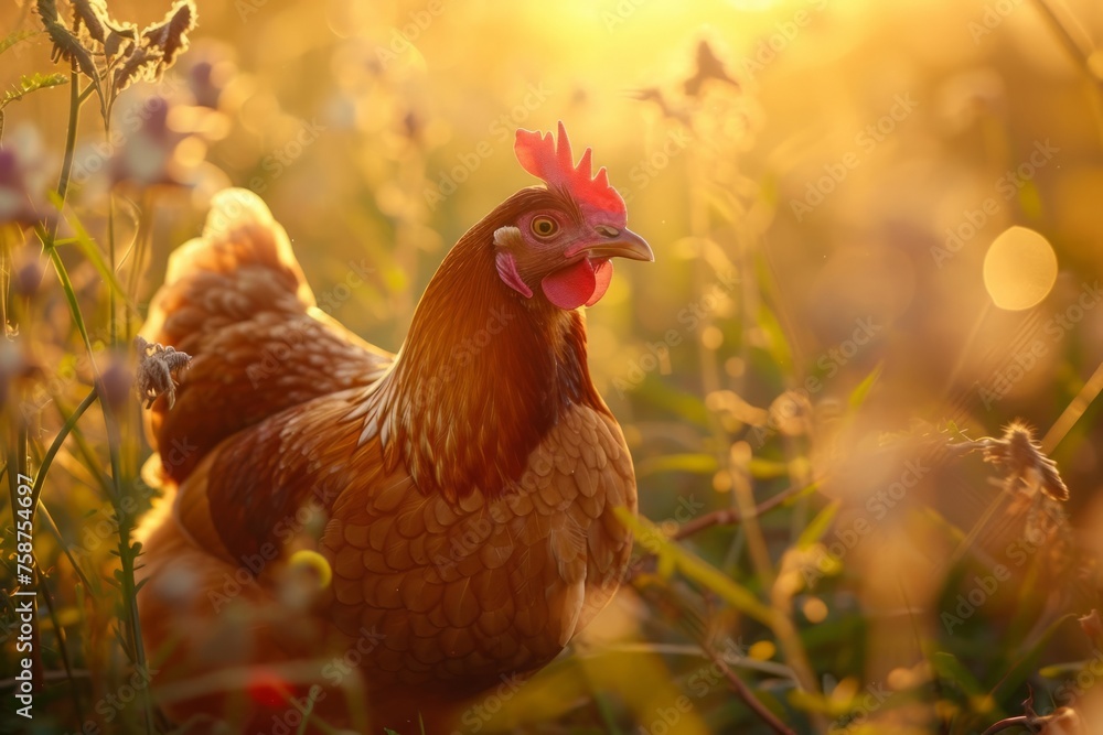 Golden Hour Splendor: Majestic Chicken Bathed in Sunset Light