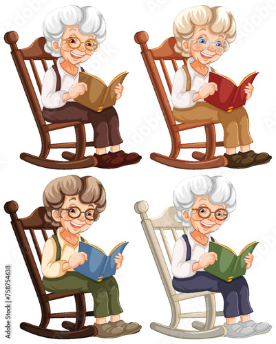 Four grandmothers sitting, reading books in chairs
