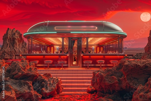 Retro-futuristic diner on Mars combining 50s Americana with alien landscapes