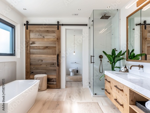 Modern Bathroom Design A Blend of Wood and Glass Generative AI
