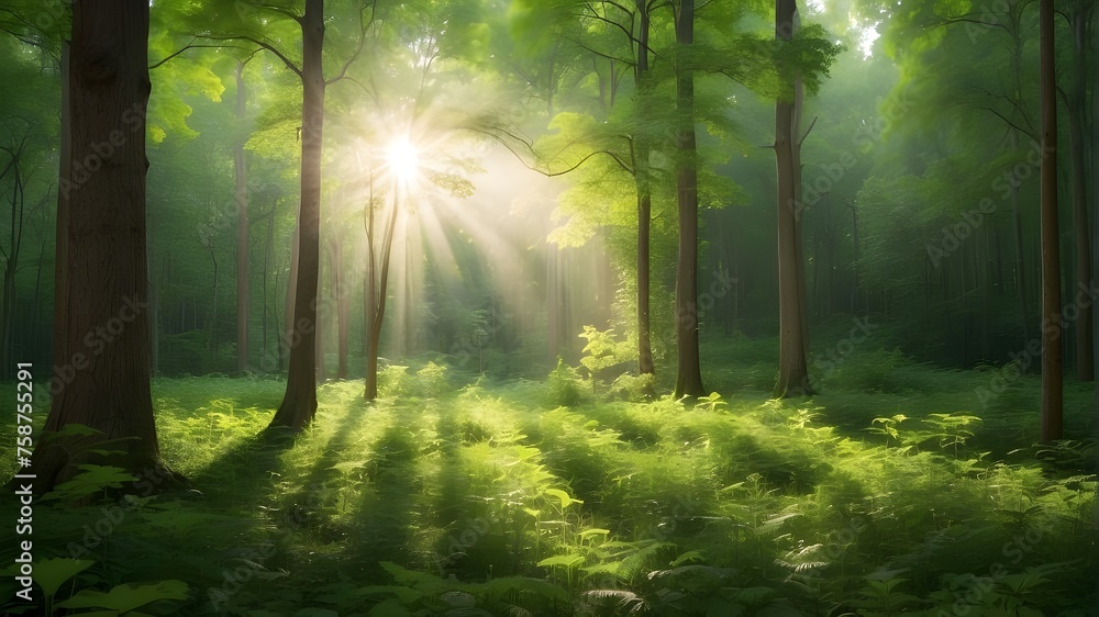 Sunlight filtering through the fresh green leaves of a dense forest --