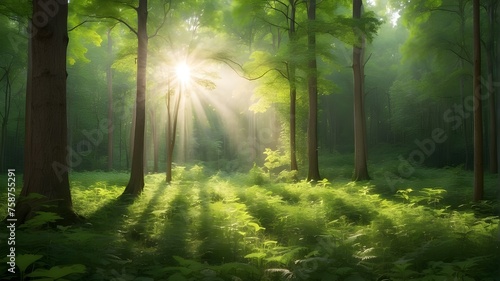 Sunlight filtering through the fresh green leaves of a dense forest --