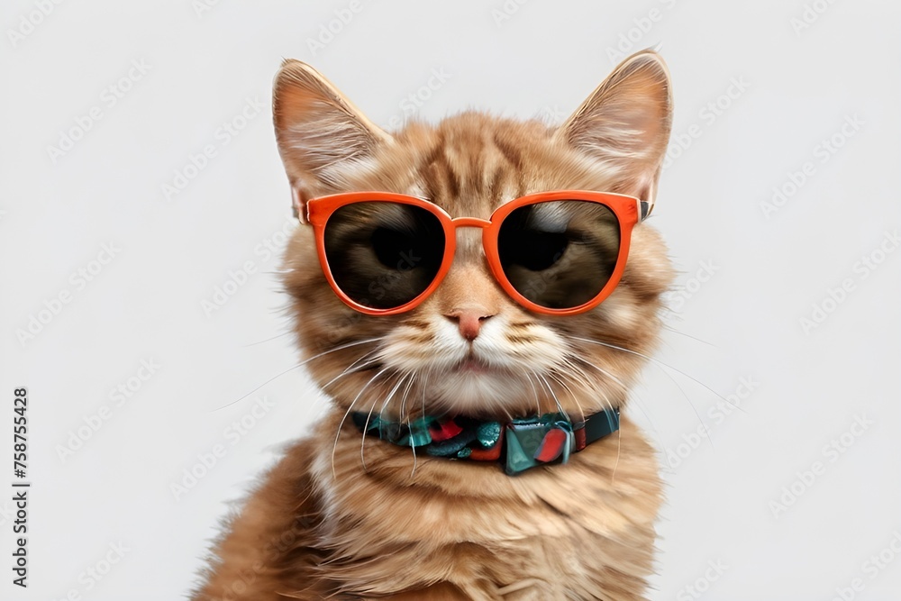 cute cat wearing cool sunglasses On white background with clipping path. Generative AI