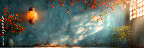 Fototapeta 3D illustration of an Islamic decoration background, Islamic ramadan celebration lantern in fantasy style