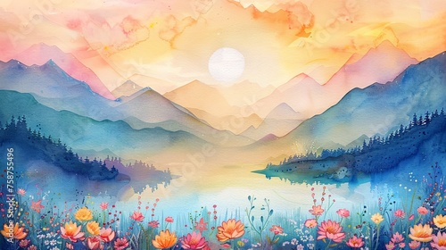 Sunrise Serenity A Watercolor Painting of a Mountain Sunrise Generative AI