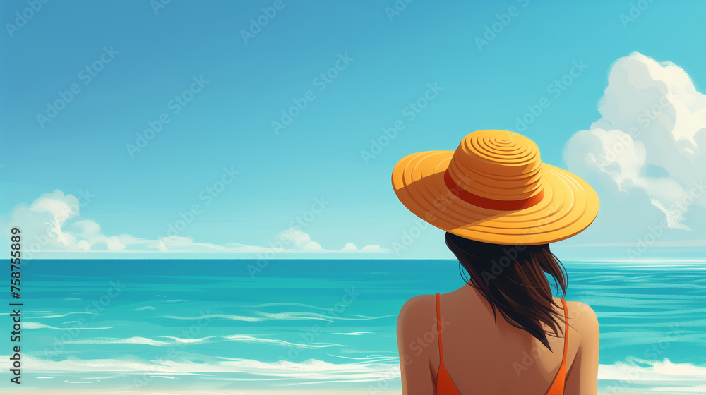 illustration minimalist Happy woman with a sun hat at the sea, for poster banner travel