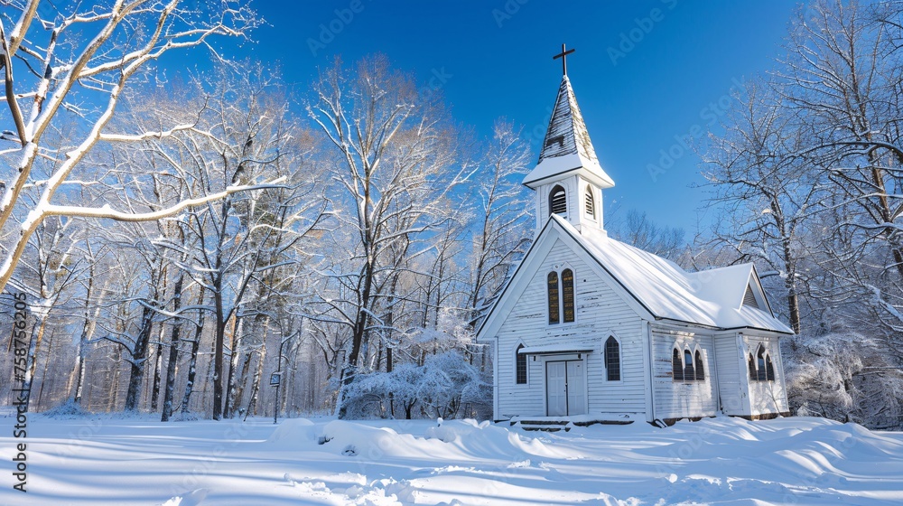 Snowy Church Steeple on a Sunny Winter Day Generative AI