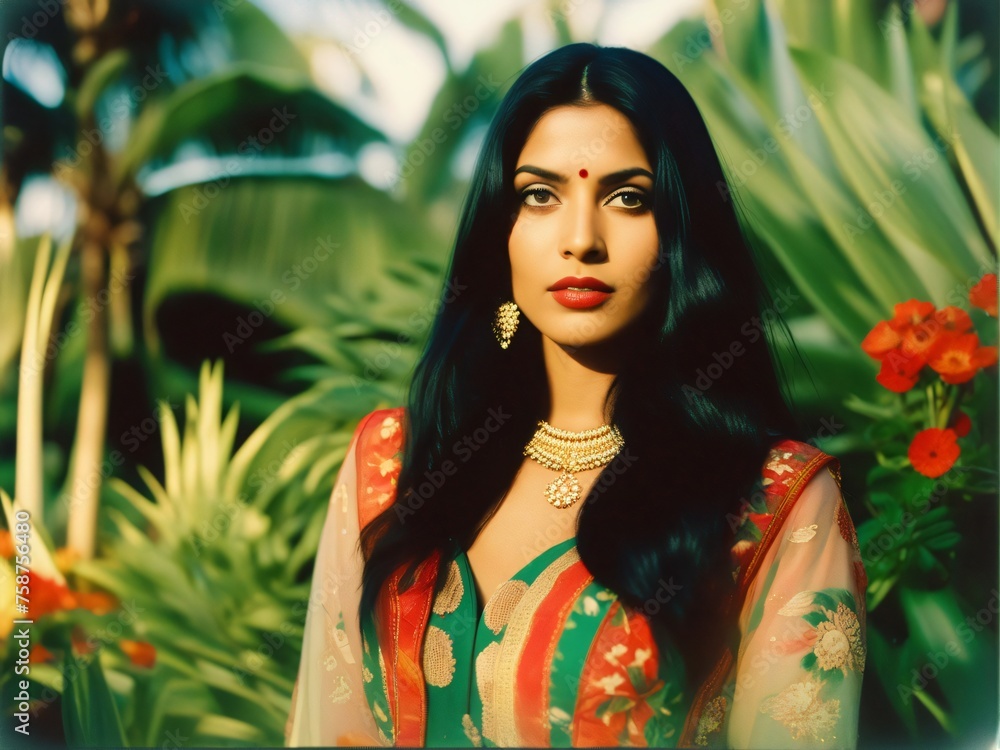 Beautiful Indian Woman Adorned in Classic Saree and Exquisite Gold Jewelry in the garden. Generative AI Beautiful Indian Woman Adorned in Classic Saree and Exquisite Gold Jewelry in the garden. Generative AI