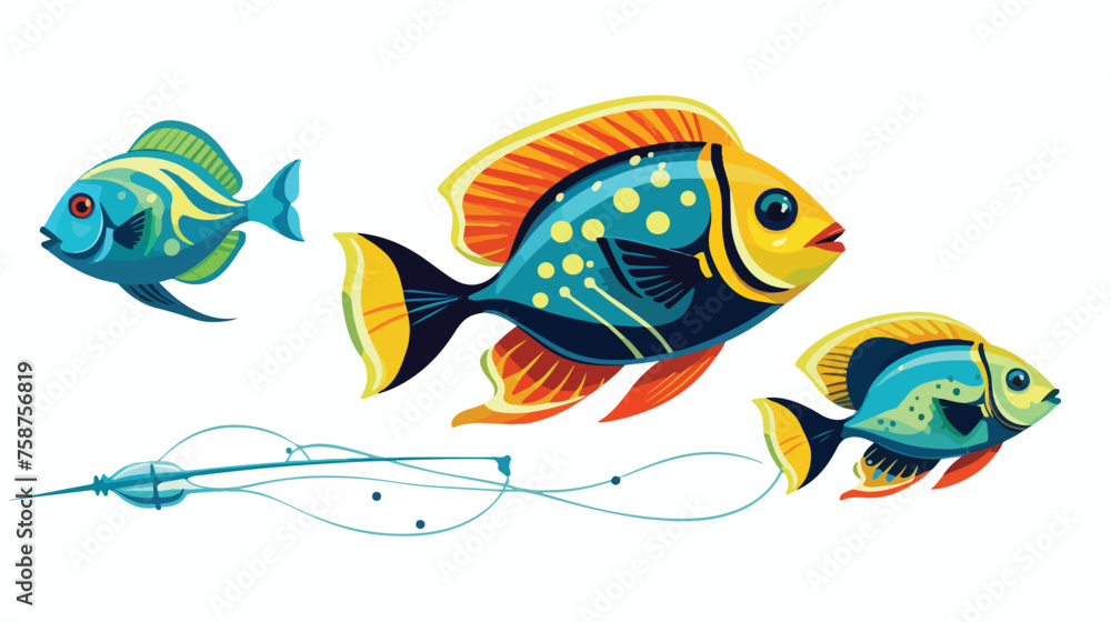 tropical fish sea life fishing rod vector illustration