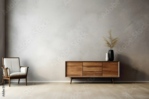 Contemporary living room design with wooden cabinet, dresser, and mock-up poster frame against textured concrete backdrop.