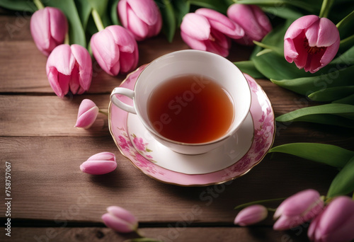 wooden pink background Cup tulips tea Easter Flower Food Nature Vintage Wood Spring Table Concept White Beauty Green Breakfast Mother Colorful Old Beautiful Natural Drink Day