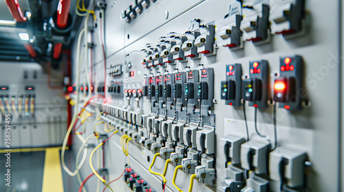 Modern Industrial Power Control, Electricity and Switch Panel, Technical Equipment for Energy Distribution System