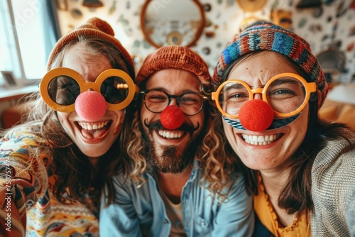 Fool's Day fun captured in a selfie of three buddies donning playful clown noses and comical glasses, chuckling at a humorous jest. Generated AI © ActionGP