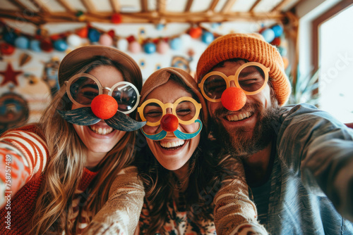 Three friends commemorate Fool's Day, capturing a selfie while wearing clown noses and droll glasses, snickering at a jest. Generated AI photo