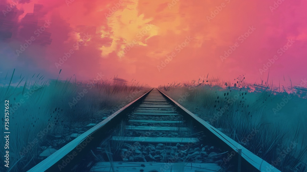Na obrazie widać puste tory kolejowe rozchodzące się w oddali, z różowym niebem jako tłem. - obrazy, fototapety, plakaty 