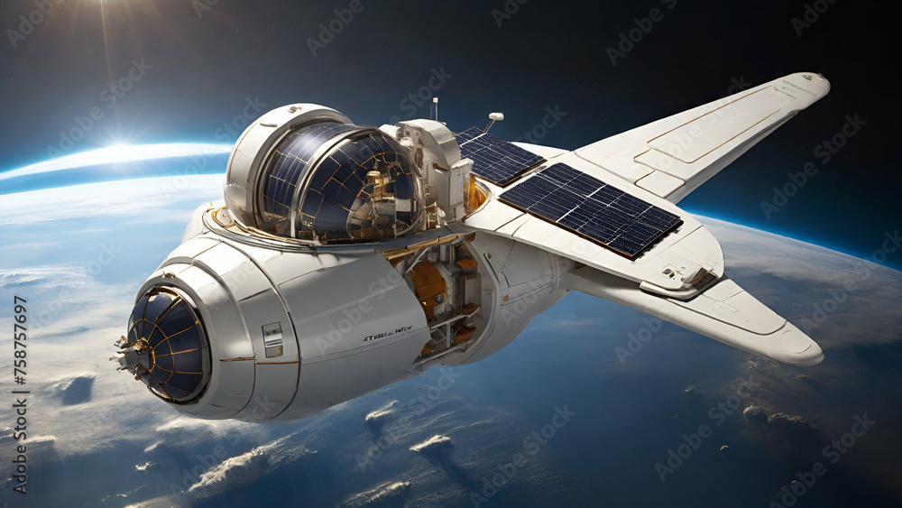Obraz premium Innovative shape of Satellite for effective telecommunication placed in bitween earth and moon