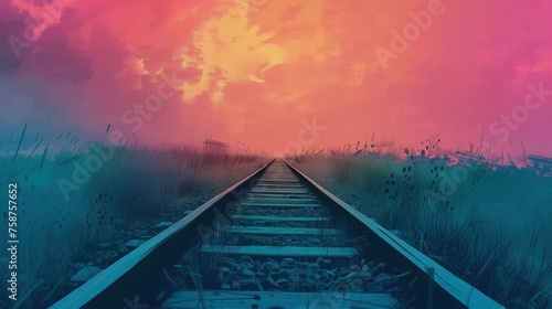 Na obrazie widać puste tory kolejowe rozchodzące się w oddali, z różowym niebem jako tłem.