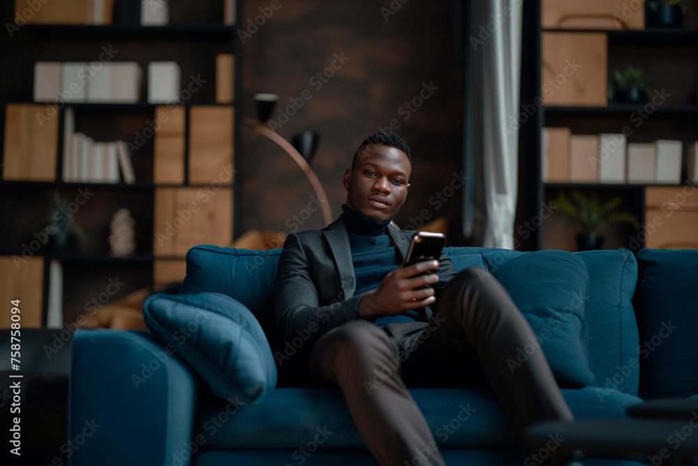 Businessman Texting on Smartphone While Relaxing on Sofa. Confident businessman in a smart suit lounging on a blue sofa, engaged in texting on his smartphone in a stylish office lounge. Businessman Texting on Smartphone While Relaxing on Sofa. Confident businessman in a smart suit lounging on a blue sofa, engaged in texting on his smartphone in a stylish office lounge.