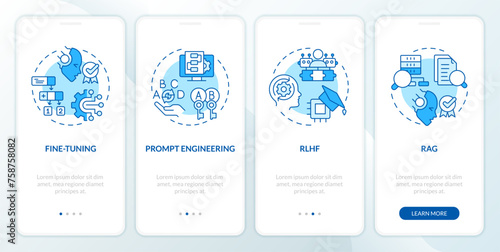 AI tuning methods onboarding mobile app screen. Machine learning. Walkthrough 4 steps editable graphic instructions with linear concepts. UI, UX, GUI template. Myriad Pro-Bold, Regular fonts used