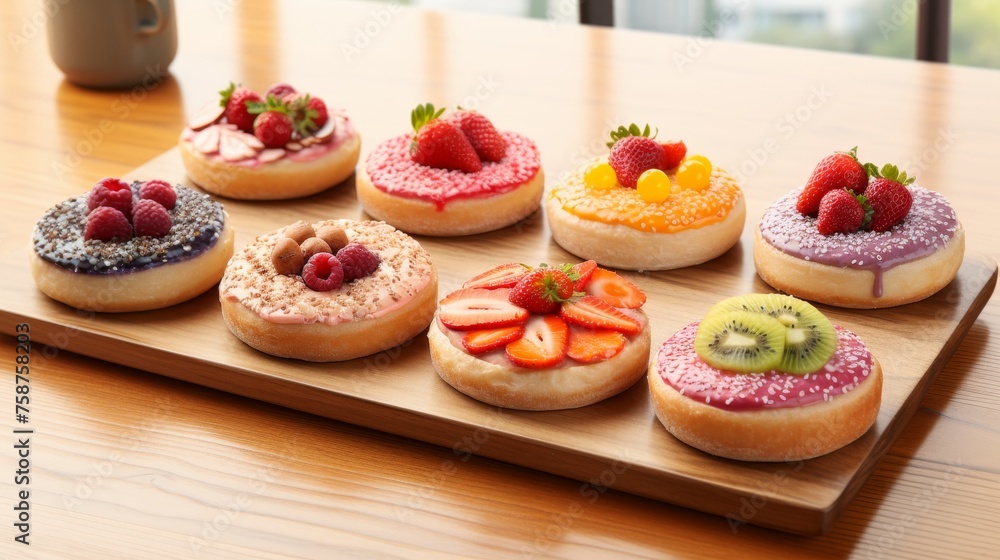 Assorted donuts with fresh fruits on a wooden board in a stylish modern cafe ambiance. Assorted donuts with fresh fruits on a wooden board in a stylish modern cafe ambiance.