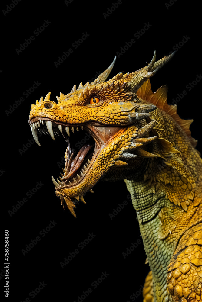 portrait of a yellow dragon, mouth open, in profile, on black background