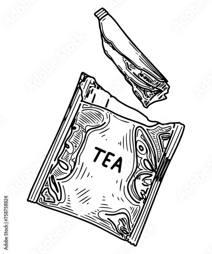 Tea bag in open packaging sketch. Package with brewed drink. Hand drawn vector line illustration.