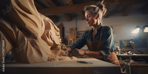 Holzbildhauerin arbeitet in der Werksatt 