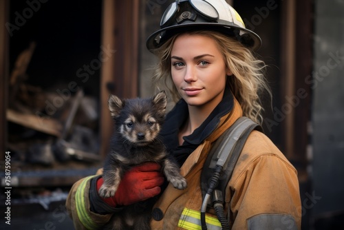 Female firefighter with puppy in front of burnt house, symbolizing international firefighters day