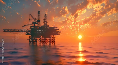 Sunset on the Horizon: Offshore Oil Platform Drilling into the Depths of the Ocean photo