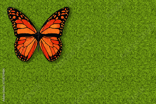 Illustrazione 3D. Primavera, estate. Farfalla su prato verde texture. Sfondo campo di erba con farfalla che vola.