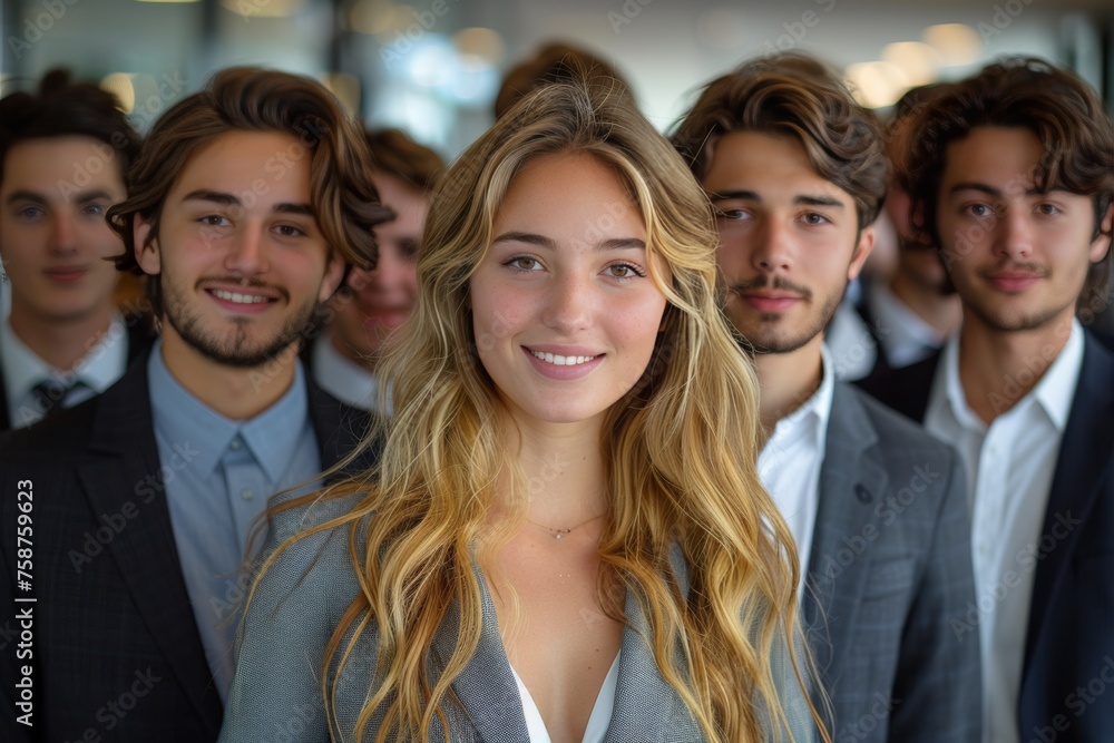 Team Spirit: Employees gather, exhibiting unity and dedication in a corporate setting. Team Spirit: Employees gather, exhibiting unity and dedication in a corporate setting.