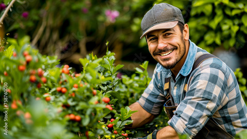 Professional gardener having fun decorating the garden with joy and creativity.