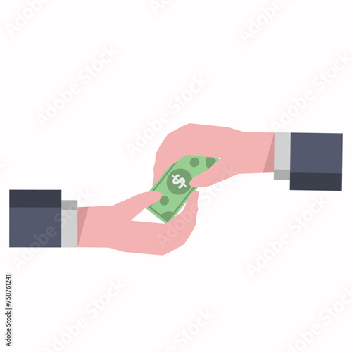 The hand gives money to the other hand. Money payment concept. Payroll. flat style. suitable for business themes. work, office, deal, finance. flat vector illustration.