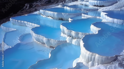 Mineral rich baby blue thermal waters in stunning white terraces of pamukkale  turkey s hillside